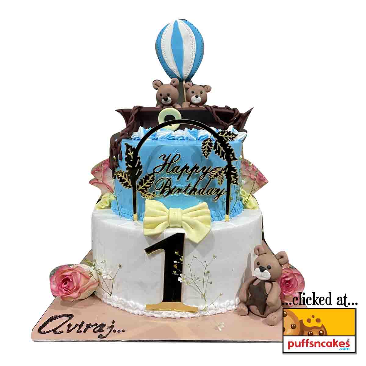 (1133) Teddy Boat Theme Floral Cake